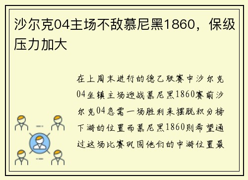 沙尔克04主场不敌慕尼黑1860，保级压力加大
